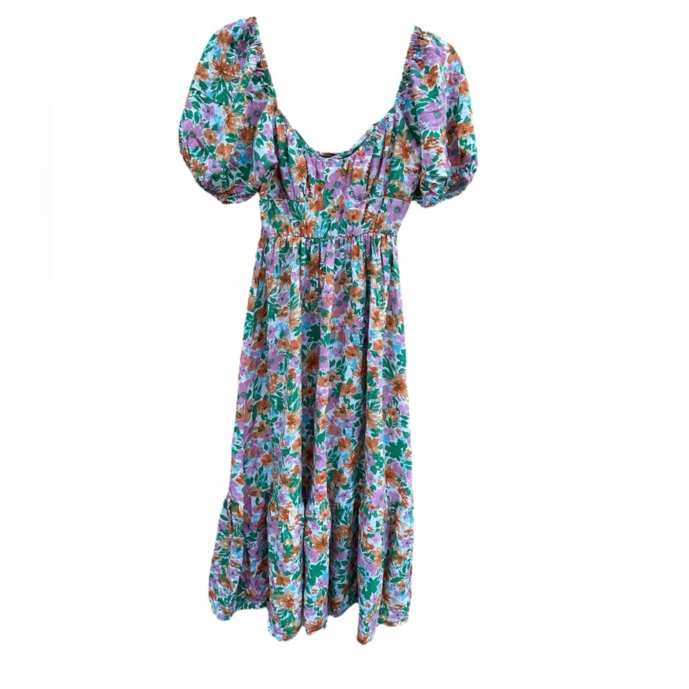 Vibrant Floral Midi Dress with Puff Sleeves